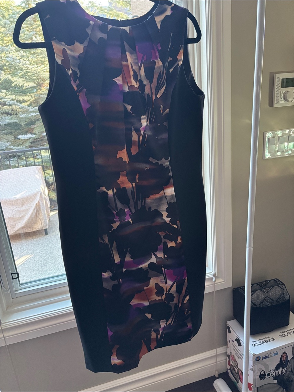 London Style Black Sheath Dress with Purple and Cream Floral Panel
